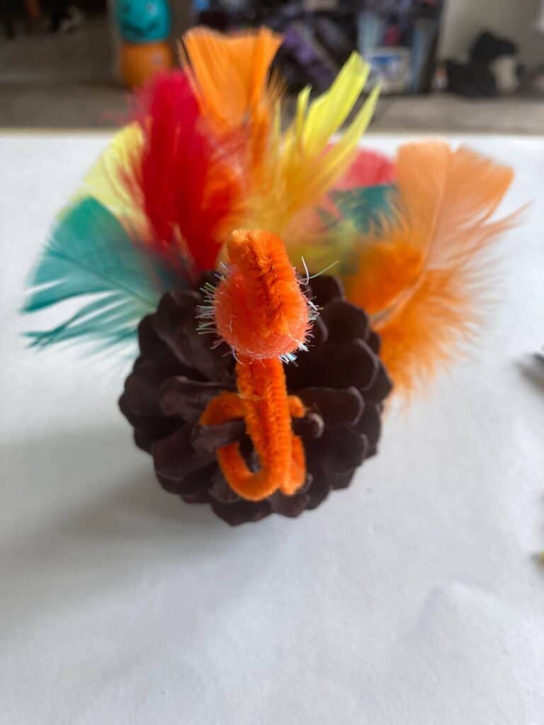 Pine cone with feathers glued into the back sticking out. Orange pipe cleaner neck with an orange craft pom pom head.