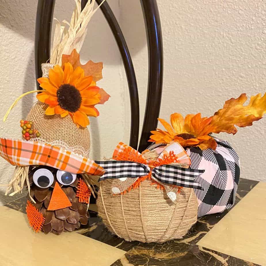 Dollar tree DIY mini twine pumpkin fall craft. Looks cute next to the Buffalo Check  fabric pumpkin and the Pine Cone Scarecrow.