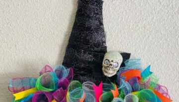 DIY Dollar Tree Deco Mesh Rainbow Witch HAt Wreath for Halloween.