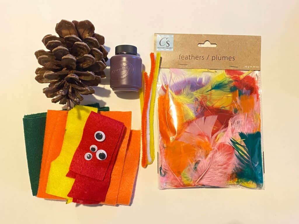 Craft supplies to make a pine cone turkey. Red, yellow orange felt, feathers, googly eyes, brown paint, orange pipe cleaner, pine cone.