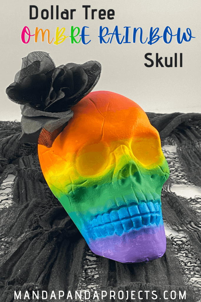 Dollar Tree Skull Makeover DIY. Rainbow Painted Ombre Skull with a black faux rose.