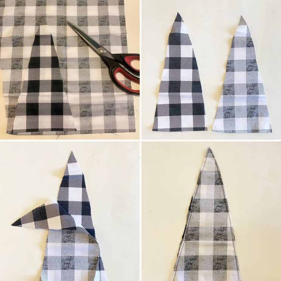 First 4 steps to make a no-sew buffalo check fabric tree. First trace the christmas tree shape onto buffalo check fabric and cut it out twice so that you have to matching pieces. Glue them together inside out.