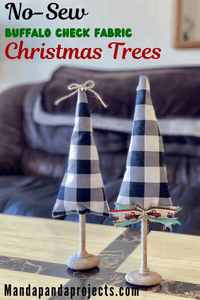 no-sew buffalo check farmhouse fabric stuffed christmas tree decorations with a scrap and twine ribbon