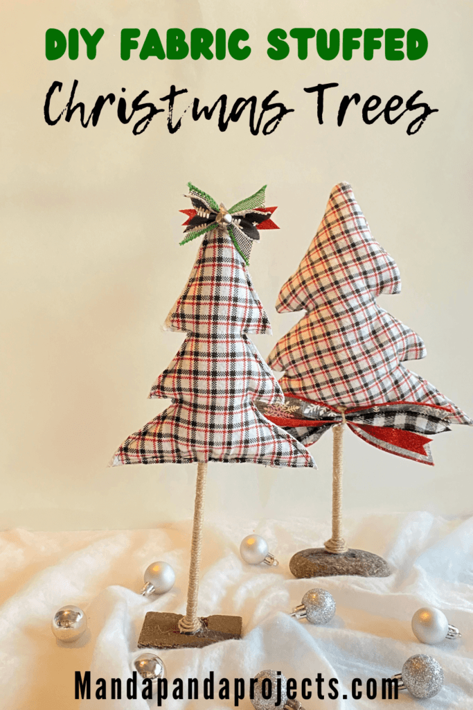DIY Easy Hand Sewn White, grey, red plaid Fabric Christmas Trees with Twine Trunk glued to a natural rock base with a scrap ribbon bow and a mini silver bell.
