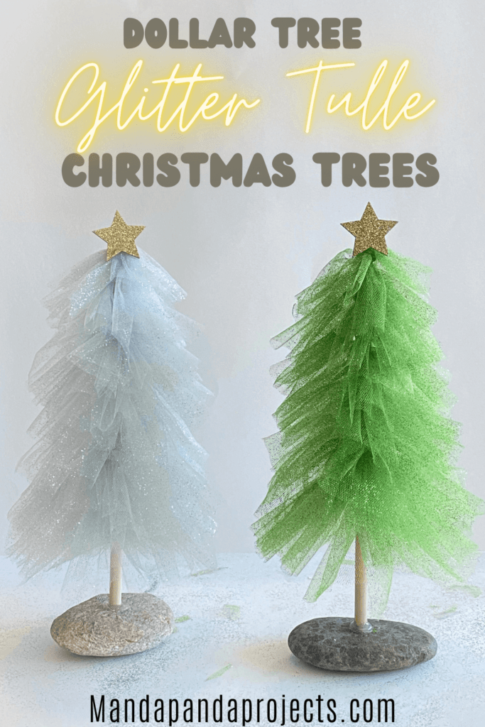 Green and silver Dollar Tree DIY Glitter Tulle Christmas Tree decorations with a star tree topper, a wooden dowel and a natural rock base.