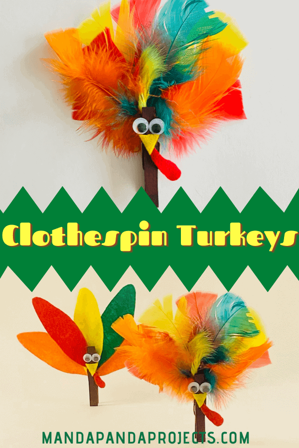 Thanksgiving Clothespin Turkey with feathers and felt craft for kids.