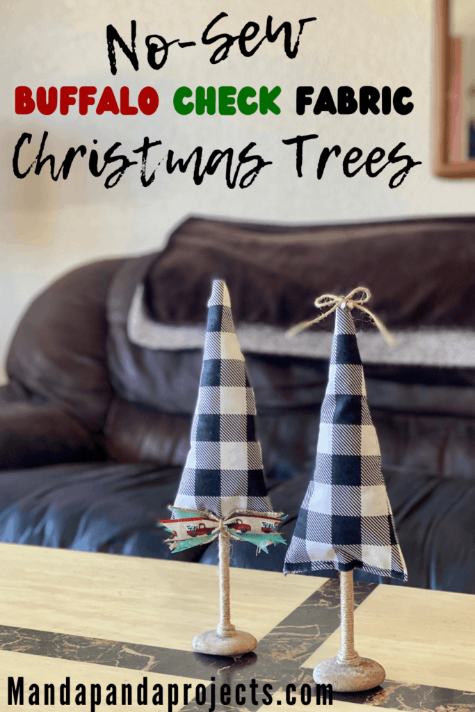 no-sew buffalo check farmhouse fabric stuffed Christmas tree decorations with a twine covered wooden dowel and natural rock base