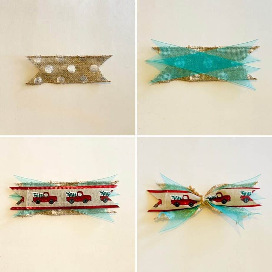 Make a scrap ribbon bow by laying 3 pieces of holiday coordinating ribbon on top of each other and tie a piece of string around the center.