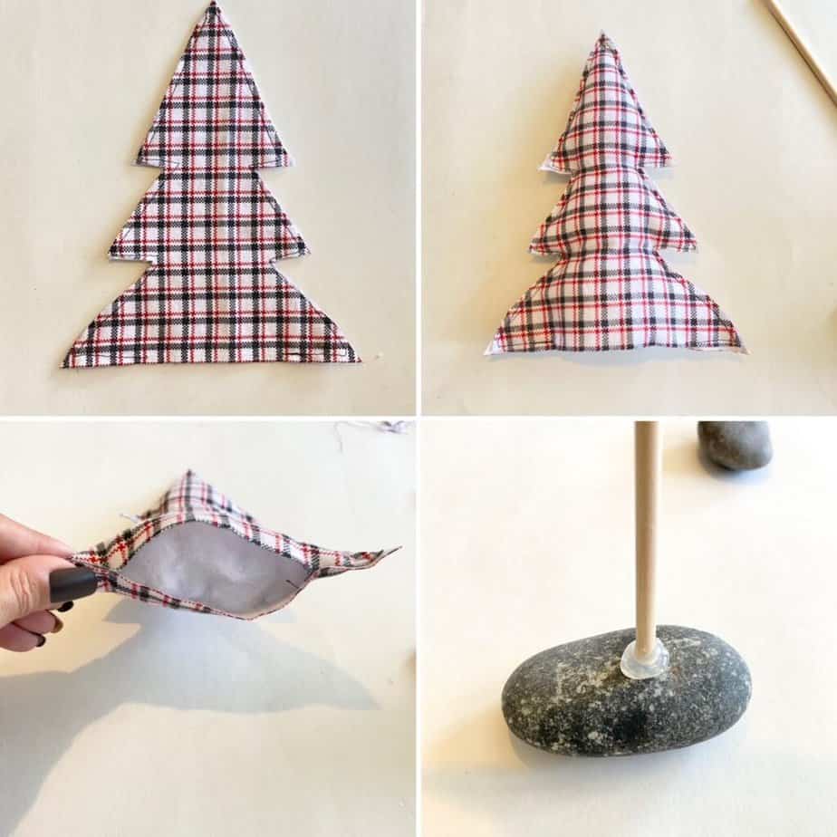 4 steps to hand sew a fabric christmas tree. 1. Cut tree shape out of fabric. 2. stuff with buffalo snow. 3. Stick a wooden dowel inside. 4. Glue to a rock base.
