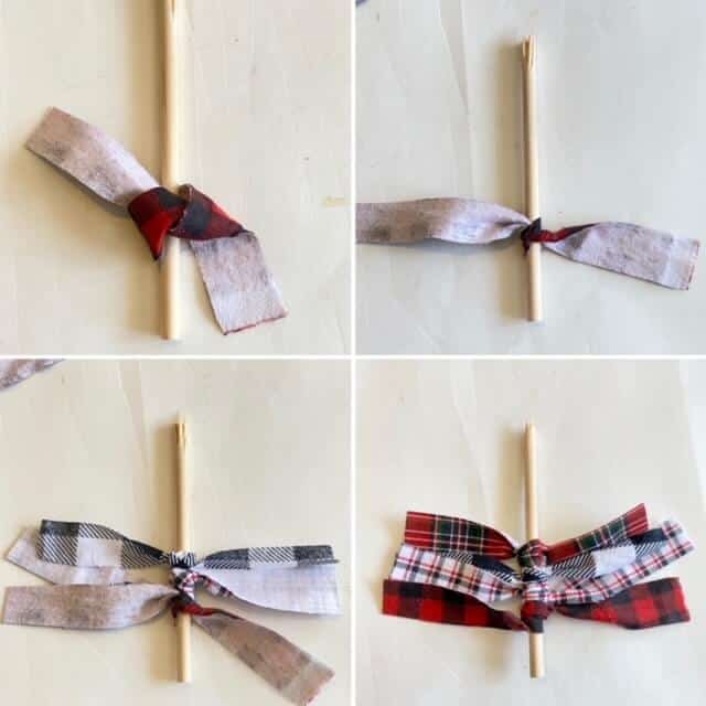 4 steps of making a scrap fabric christmas tree. Tying one 9" piece of scrap fabric in a knot around the half of a wooden dowel.
