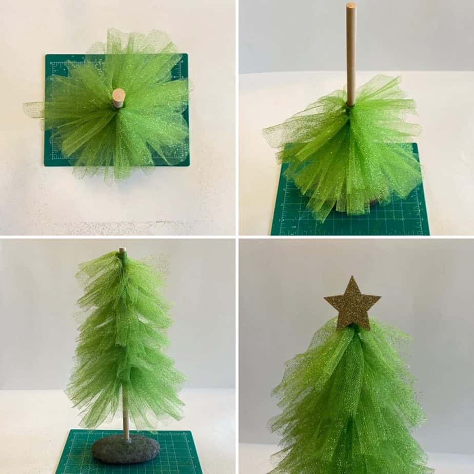 4 steps of making the glitter tulle christmas trees. A birds eye view of the half completed DIY, a front view of the same thing, a front view of the christmas tree before the star tree topper was glued on, and a shot of just the top of the tulle christmas tree with the star glued on top.