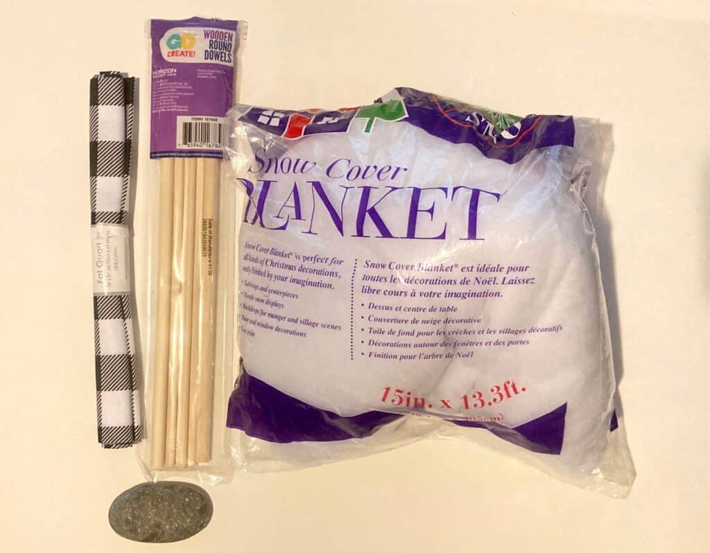 Supplies needed to make fabric christmas trees. Buffalo Check fabric,
buffalo snow/poly-fil, wooden dowels,
rock.