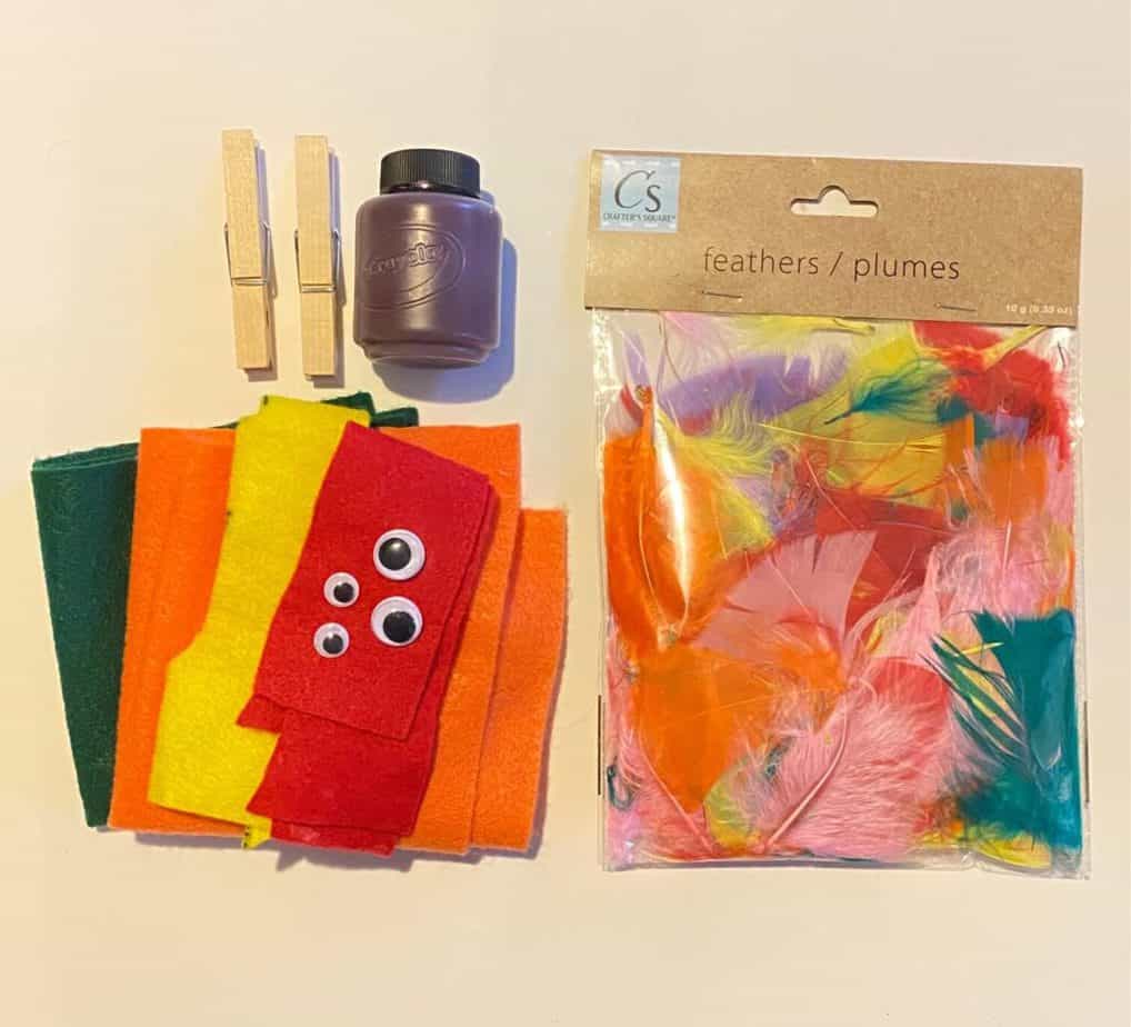 Supplies needed to make a clothespin turkey craft for thanksgiving. Feathers, felt, brown paint, googly eyes, clothespins.