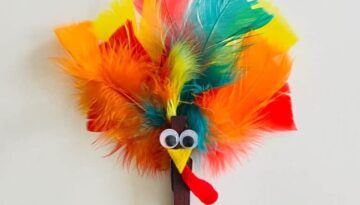 Clothespin Turkey with feathers or felt Thanksgiving craft for kids.