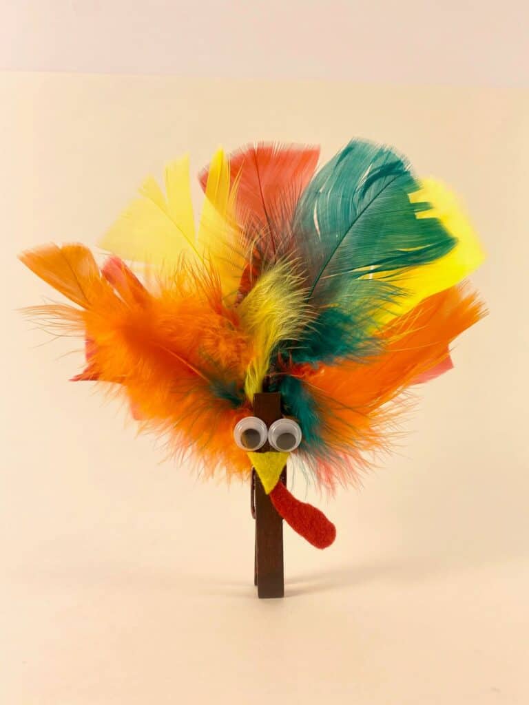 Brown painted wooden clothespin with a turkey face and colored feathers.