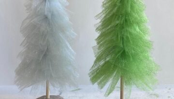 Dollar Tree DIY Glitter Tulle Christmas Tree decorations with a wooden dowel and a natural rock base.