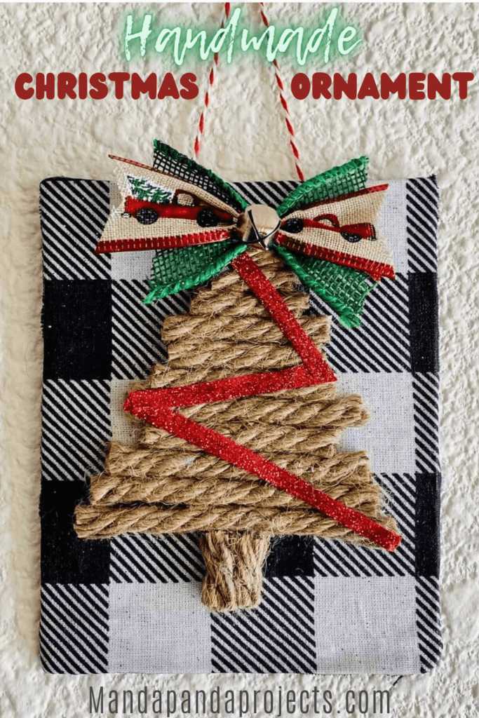 Handmade craft supply scrap christmas tree ornament with a DIY nautical rope tree from the dollar tree and a buffalo check background.