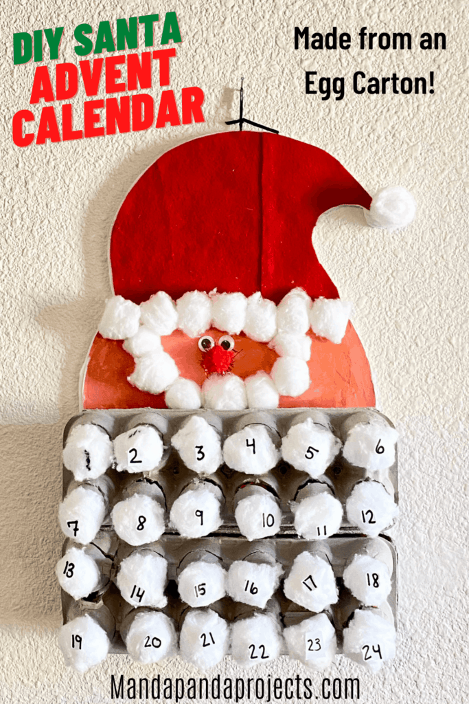 Completed kids craft project of an Egg carton bearded Santa advent calendar for a countdown to christmas, with slots to fill the egg cups with chocolate.