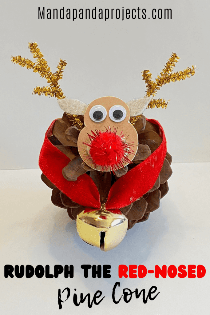 Rudolph the red nosed pine cone reindeer. Kids Christmas Nature craft for the Holiday season.