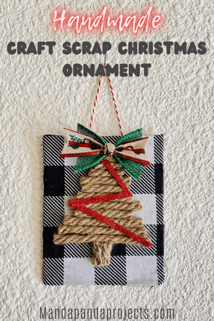 Handmade craft supply scrap christmas tree ornament with a DIY nautical rope tree from the dollar tree and a buffalo check background.