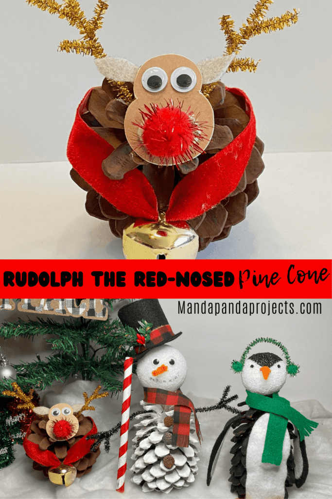 Rudolph the red nosed pine cone reindeer. Kids Christmas Nature craft for the Holiday season. With a pine cone snowman and penguin next to a Christmas Tree.
