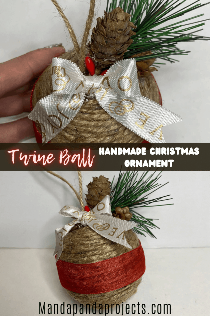 Handmade DIY Twine Wrapped Ball Christmas Tree ornament made with leftover supplies from your craft stash