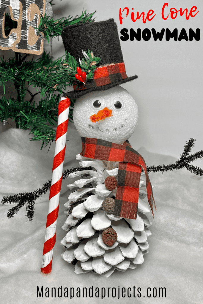 Pine Cone Snowman, christmas nature craft for kids with a top hat, carrot nose, and plaid scarf.