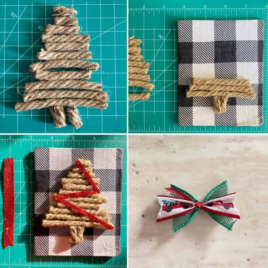 4 steps of making a handmade Christmas tree ornament out of craft scrap supplies with nautical rope cut into the shape of a Christmas tree with a small ribbon bow.