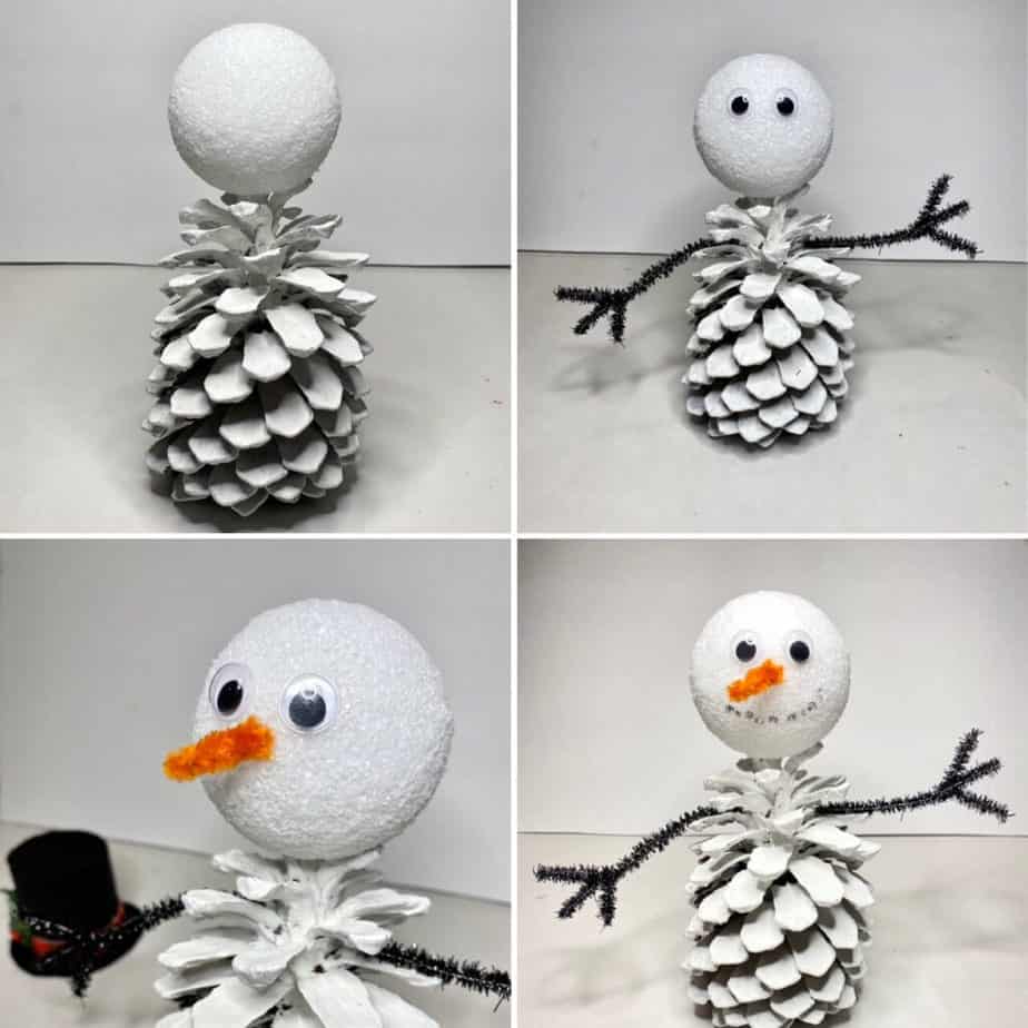 4 steps to build a snowman. White painted pine cone with a styrofoam ball head on top, stick arms on each side, a pipe cleaner carrot nose, googly eyes, and dotted marker mouth.