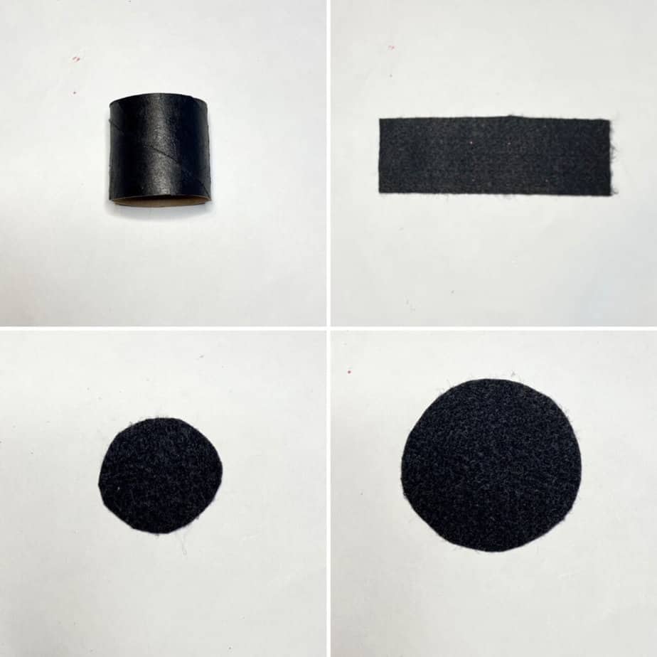 4 steps of making the pine cone snowman's top hat:, 1, half a a toilet paper roll painted black. 2, a strip of black felt, 3 a small black felt circle, and 4 a large black felt circle.