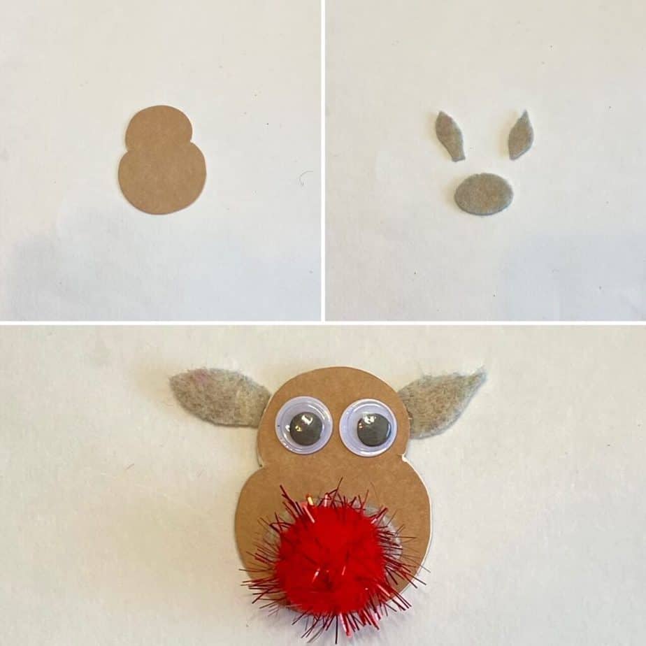 3 steps to make the pine cone reindeers face. Tan cardstock with tan felt ears and a red craft pom pom nose and googly eyes.