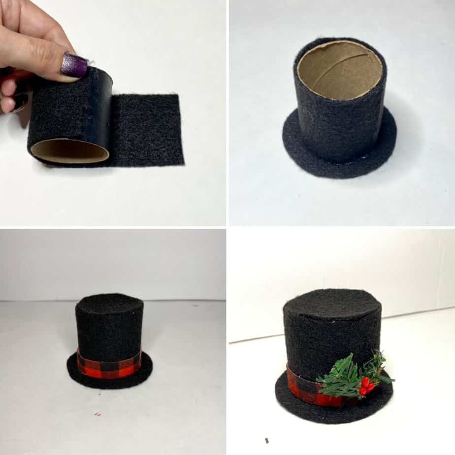 The next 3 steps to finish making the snowman's top hat: 1 wrapping the black felt strip around the half toilet paper roll, the black circle glued to the brim, the plaid fabric glued around the bottom, and the holly and berry sprig glued on the front.