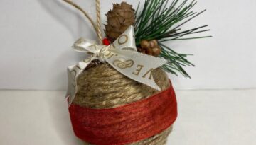 Handmade DIY Twine Wrapped Ball Christmas Tree ornament made with leftover supplies from your craft stash