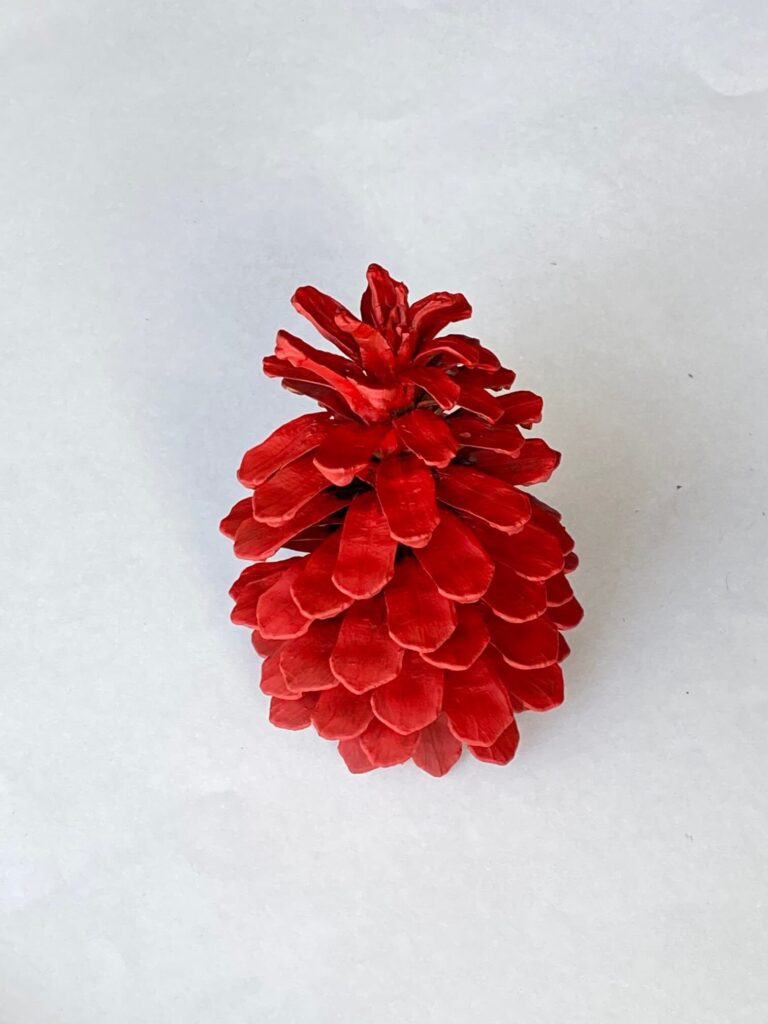 Large pine cone painted red.