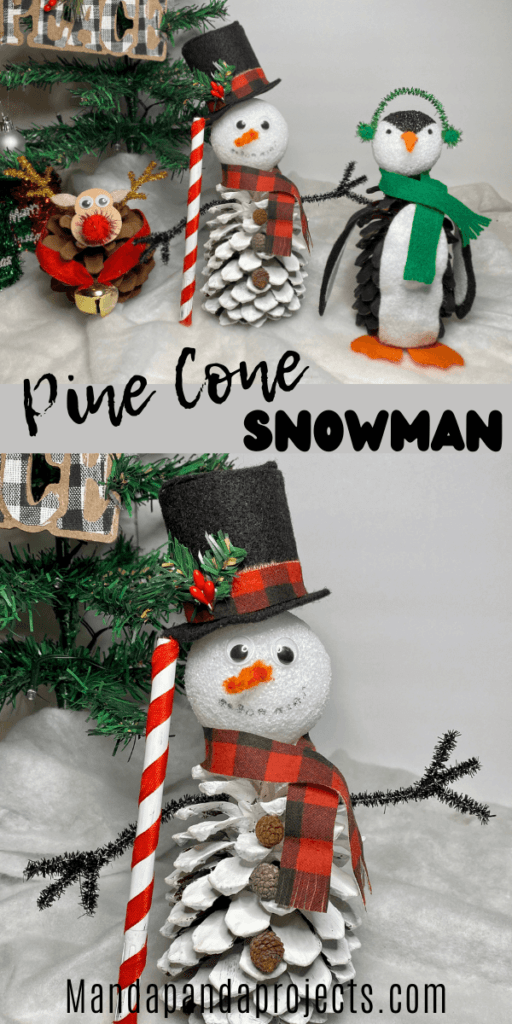 Pine Cone frosty the Snowman, christmas nature craft for kids with a top hat, carrot nose, and plaid scarf. Pine cone reindeer, and a pine cone penguin on a bed of snow.