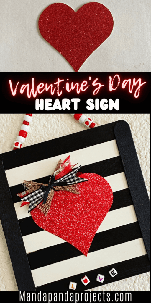Easy DIY valentines day red glitter heart sign craft, made with black and white striped popsicle sticks and lettered Love beads. 