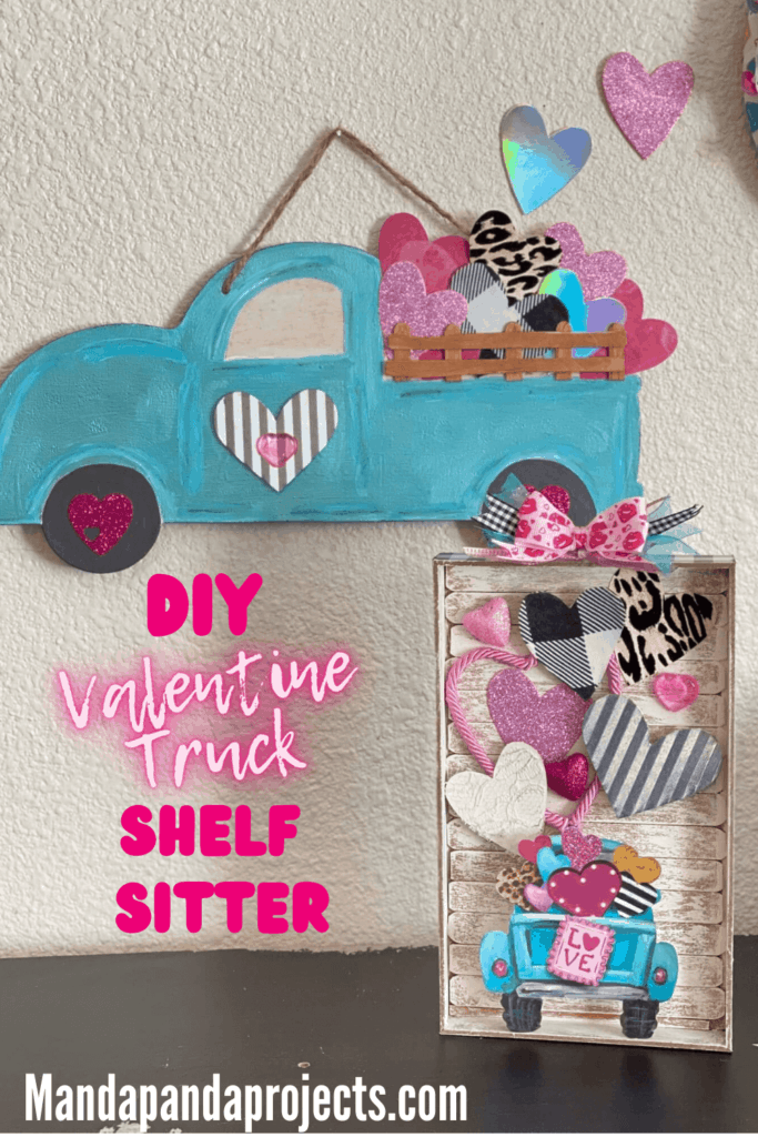 DIY Valentine truck shelf sitter with fun leopard print, buffalo check, and glitter hearts and a printable Valentine theme truck.