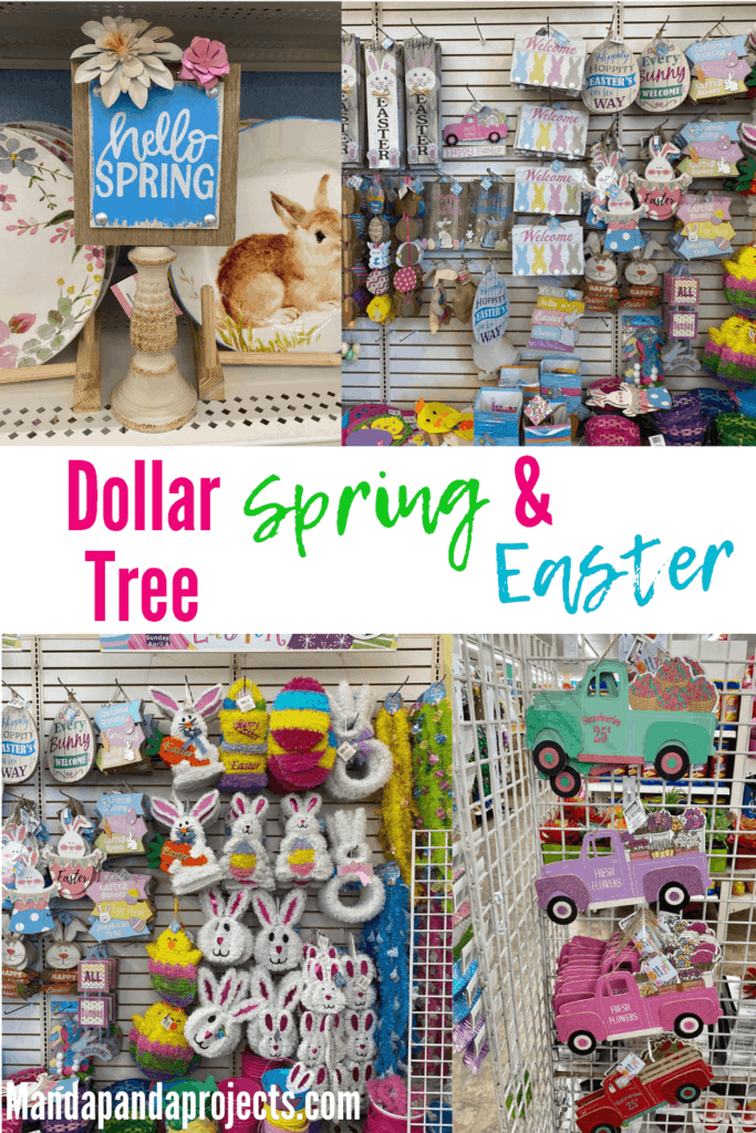 Shelves of the Dollar Tree stocked with Spring and Easter DIY crafts and Decor.