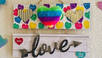Dollar tree conversation heart "love" sign makeover. DIY craft decor for Valentines Day.