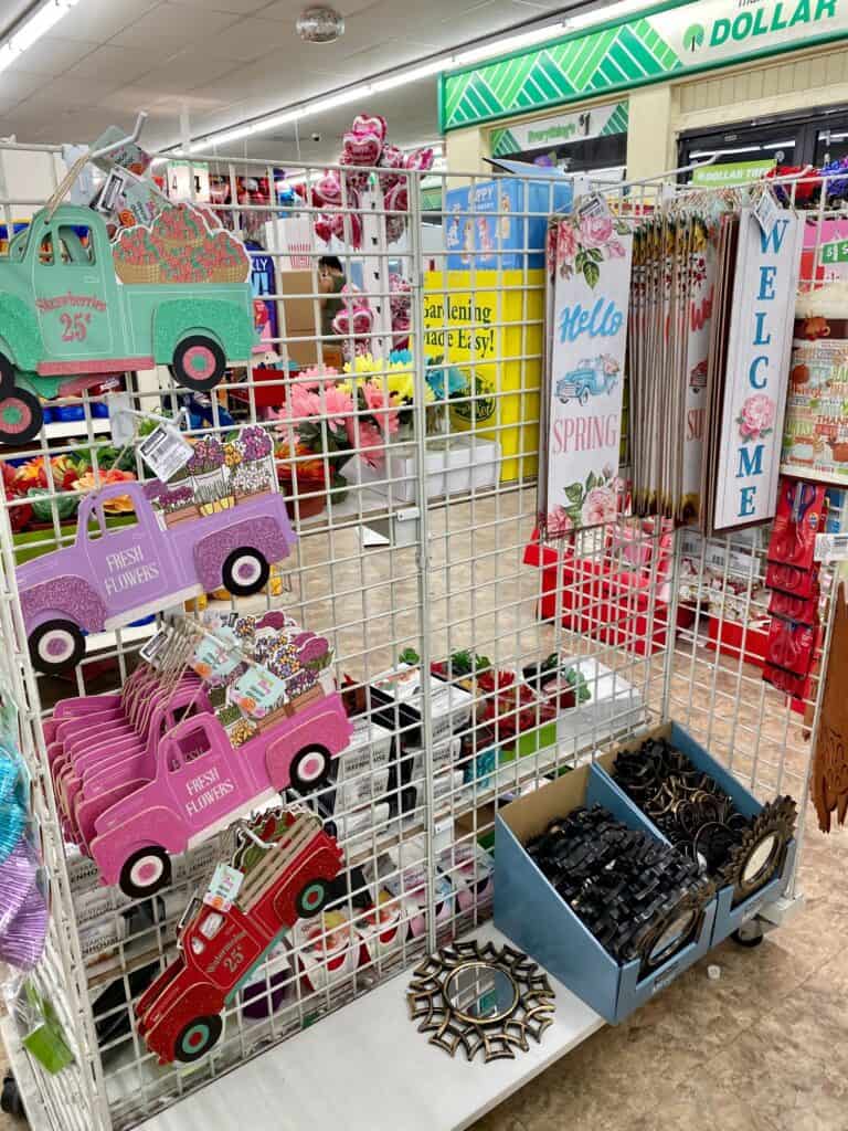 Dollar Tree spring wooden vintage trucks and welcome signs.