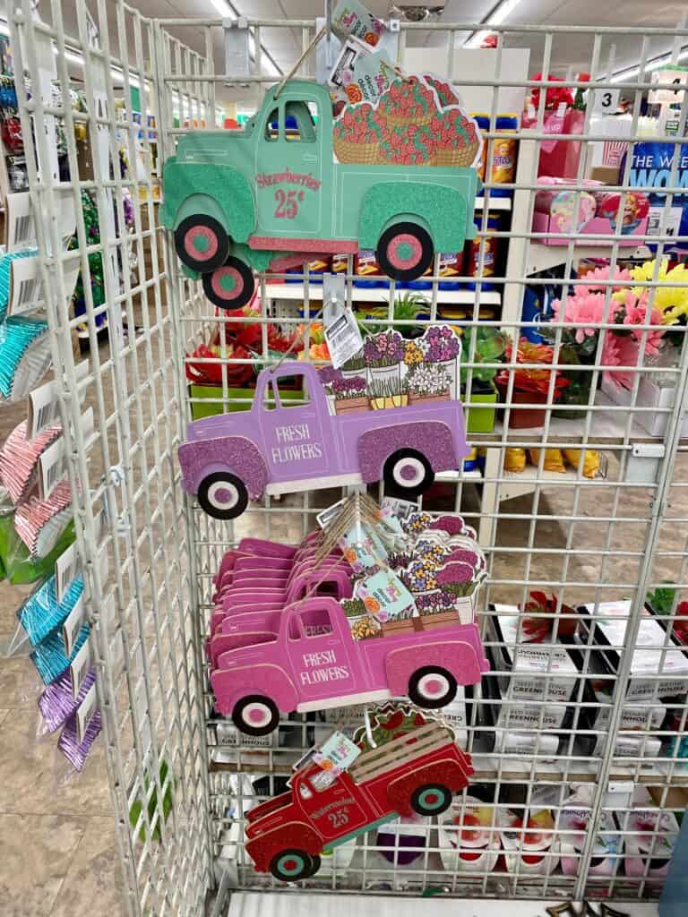 Dollar Tree wooden Spring vintage trucks in 4 different colors.