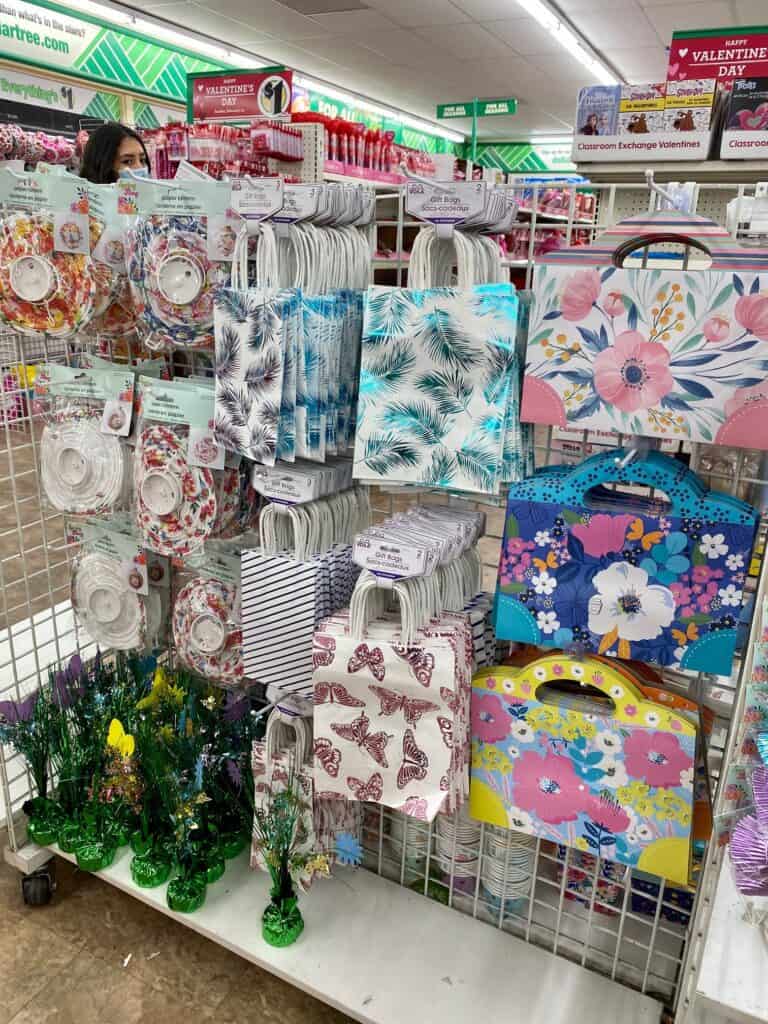 Floral print bags and lanterns at the Dollar Tree.