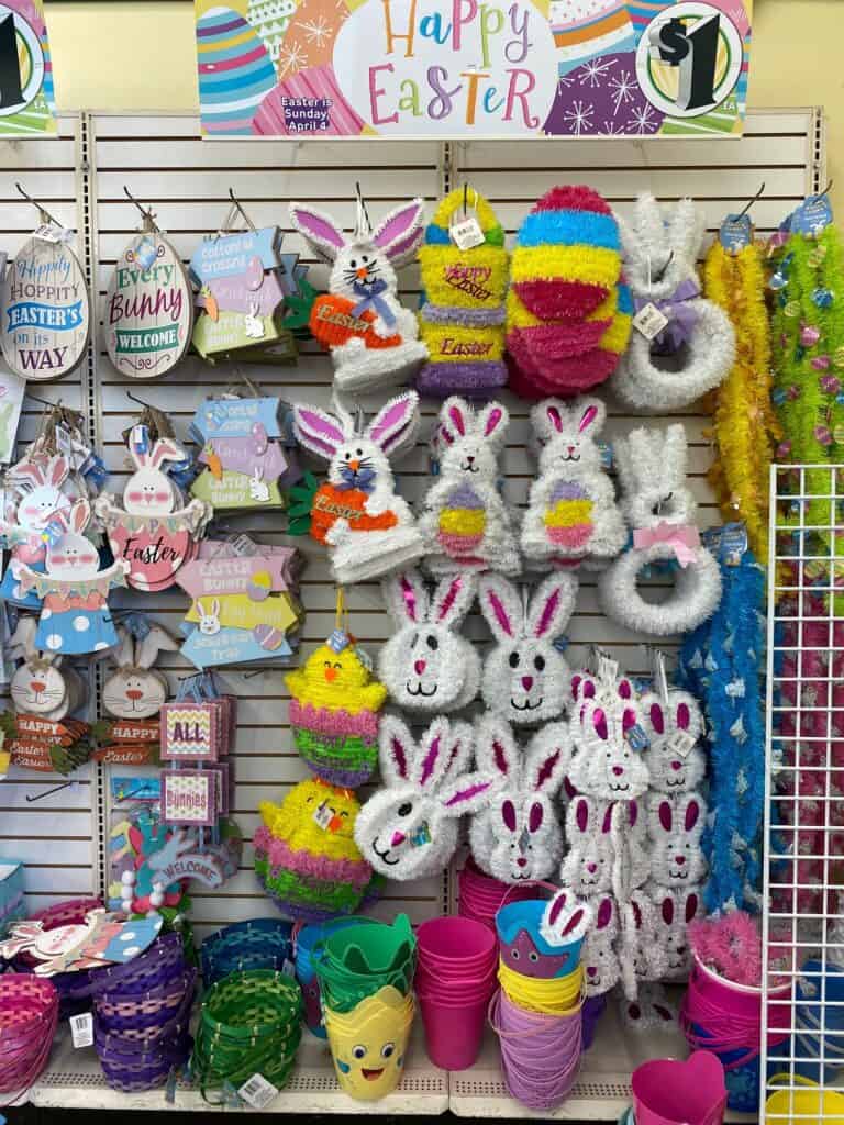 Entire wall at the Dollar Tree full of Easter decor, with bunnies and chicks and easter baskets.