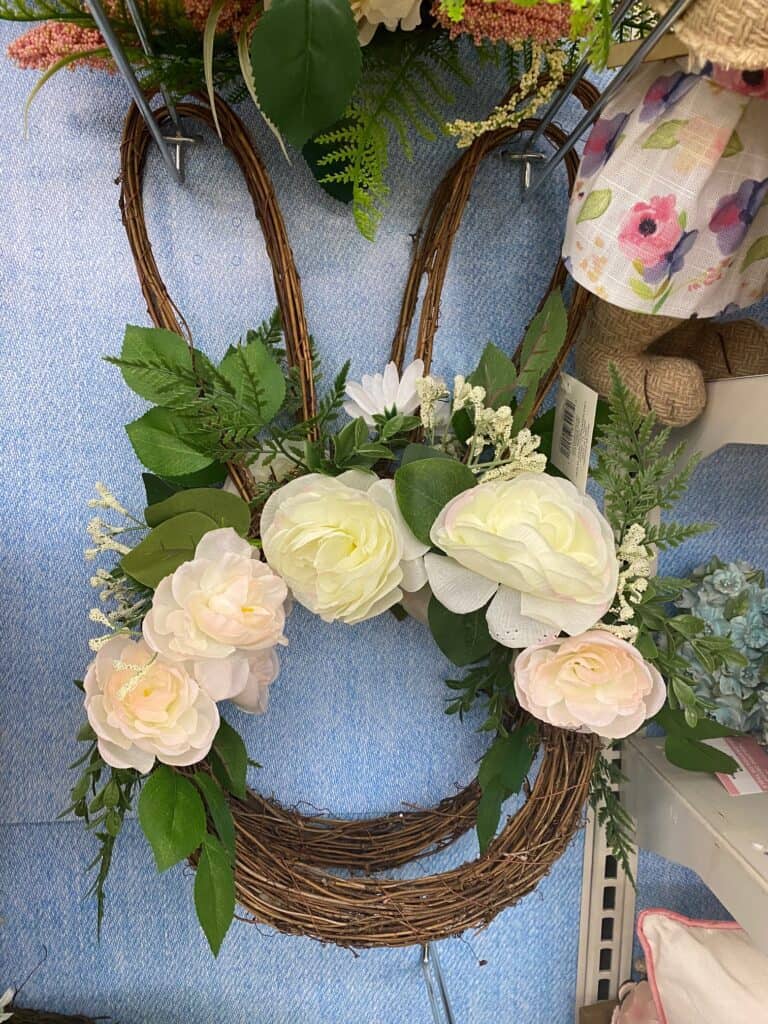Bunny head wreath made from grapevine wreaths with florals.