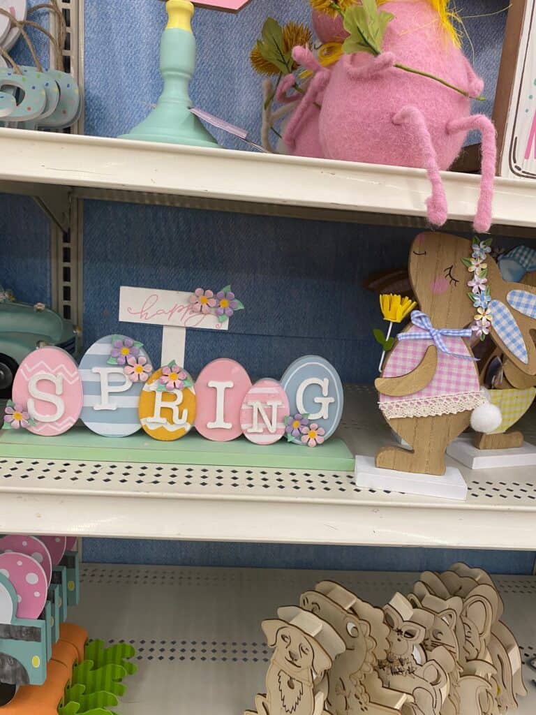Spring easter decor on the shelves at Michael's Arts and Crafts store.