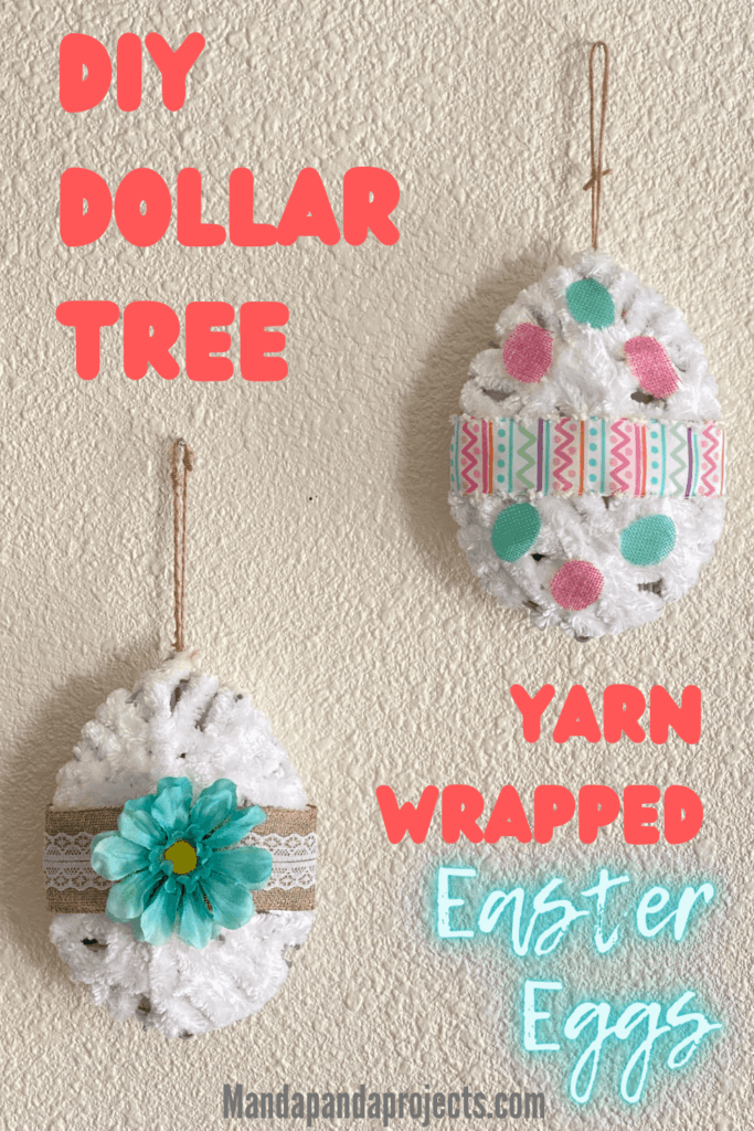 DIY Dollar Tree Tinsel egg makeover. 3D Easter Eggs decorated with burlap ribbon, a faux flower, polka dots and wrapped with white yarn hanging with a twine hanger.