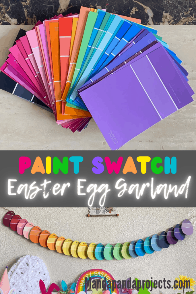Rainbow Ombre Easter Egg DIY Garland made from Paint Swatch Samples from Home Depot or Walmart, hanging up over some other DIY Colorful crafts and easter decor.