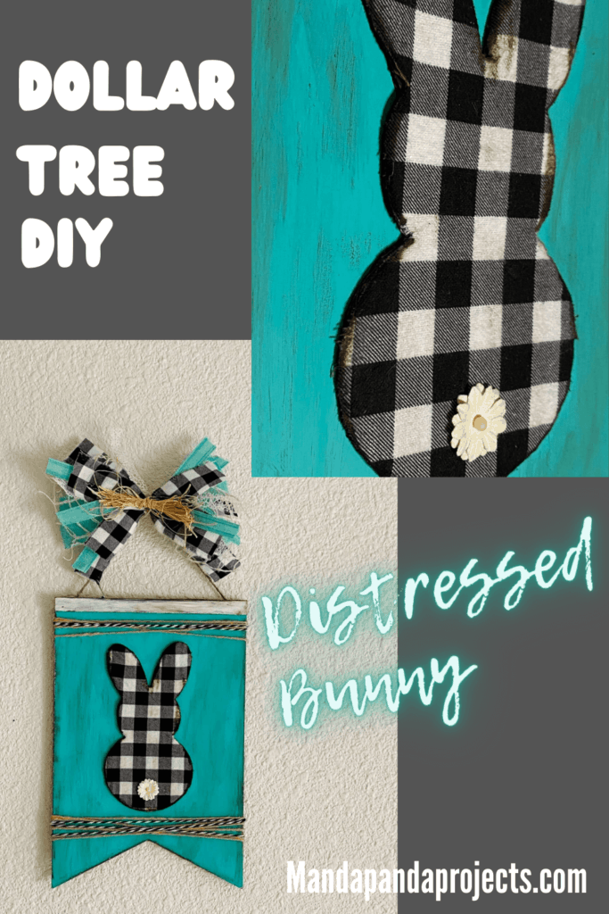 DIY Dollar Tree Teal and Buffalo Check distressed Easter Bunny wooden sign craft with a messy scrap ribbon bow.
