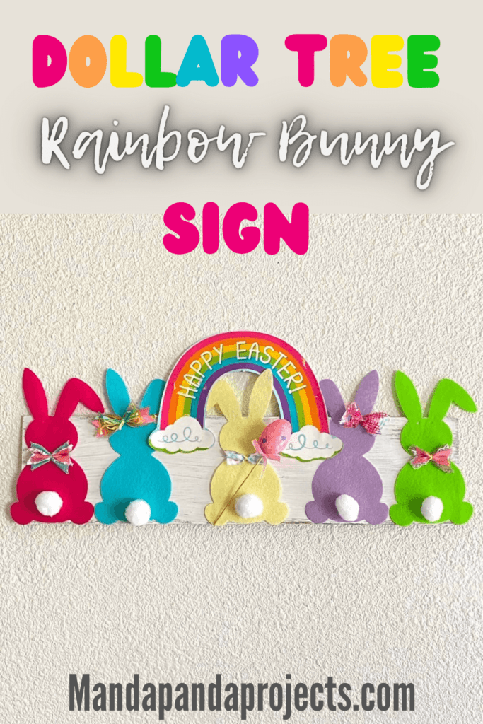 DIY Dollar Tree Rainbow Bunny Sign made from a garland for easy to make Easter holiday decor.