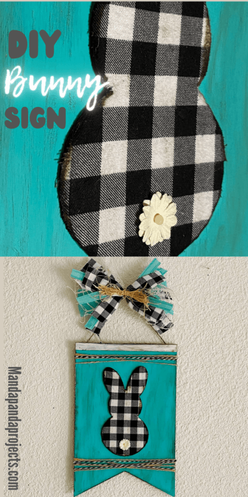 DIY Dollar Tree Teal and Buffalo Check distressed Easter Bunny wooden sign craft with a messy scrap ribbon bow.